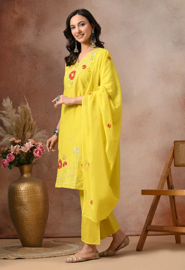 Yellow_Cotton_Embroidered_3-Piece_Suit_Set_For_Women