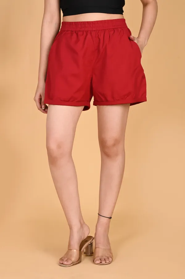 Red_Cotton_Linen_Elasticated_Waist_Shorts_For_Women