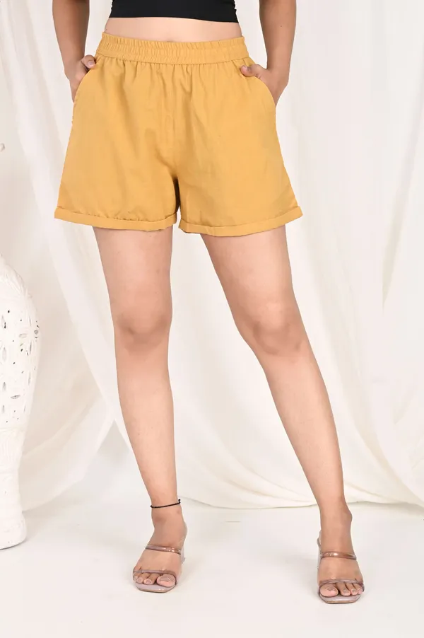 Mustard_Yellow_Cotton_Linen_Casual_Shorts_For_Women