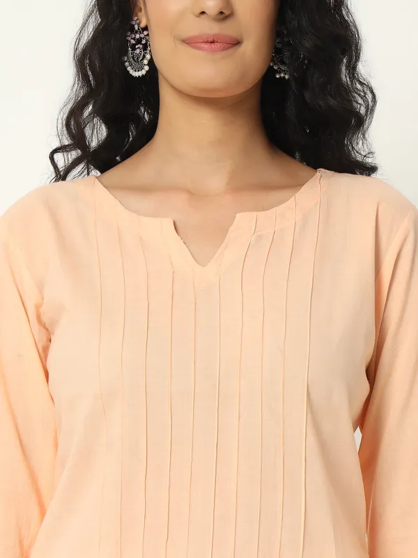 Peach_Cotton_Straight_Fit_Three-Quarter_Sleeve_Long_Kurta_For_Women