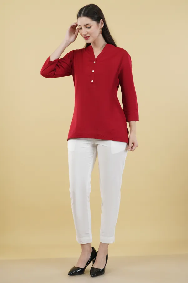 Red_Cotton_Linen_V-Neck_Three-Quarter_Sleeve_Top_For_Women
