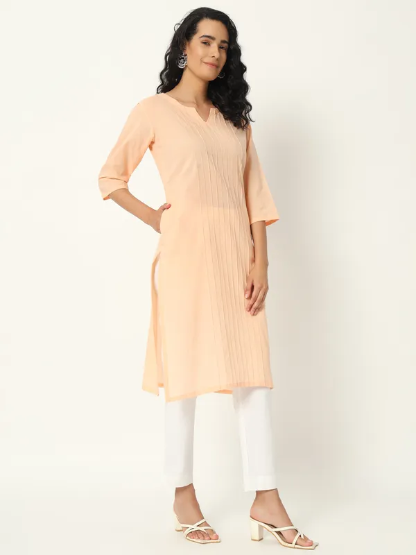 Peach_Cotton_Straight_Fit_Three-Quarter_Sleeve_Long_Kurta_For_Women