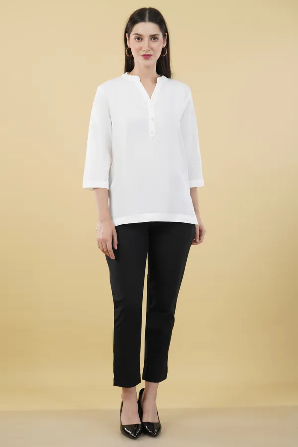 White_Cotton_Linen_Notch_Neck_Top_For_Women