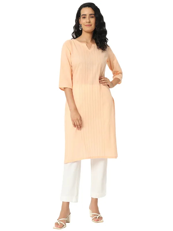 Peach_Cotton_Straight_Fit_Three-Quarter_Sleeve_Long_Kurta_For_Women