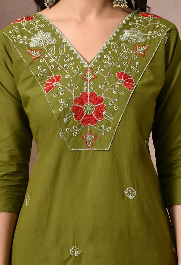 Olive_Green_Cotton_Floral_Embroidered_3-Piece_Suit_Set_For_Women