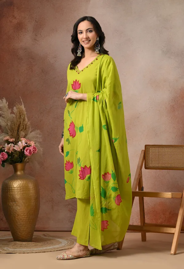 Lime_Green_Cotton_Floral_Print_3-Piece_Suit_Set_With_Dupatta_For_Women