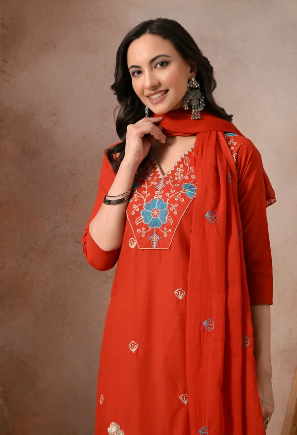 Rust_Orange_Cotton_Floral_Embroidered_3-Piece_Suit_Set_For_Women