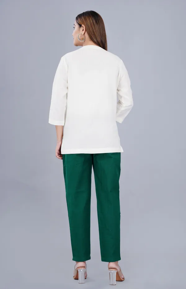 White_And_Green_Cotton_Linen_V-Neck_Three-Quarter_Sleeve_Top_For_Women