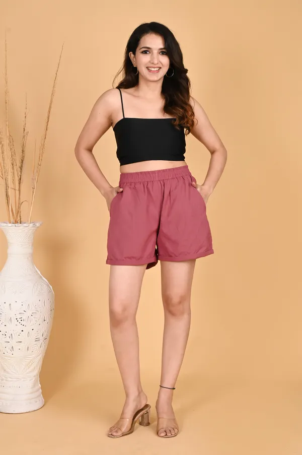 Rose_Pink_Cotton_Linen_Elasticated_Waist_Shorts_For_Women