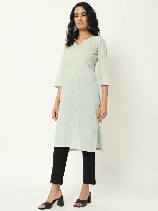 Mint_Green_Cotton_Straight_Pintuck_Long_Kurta_For_Women