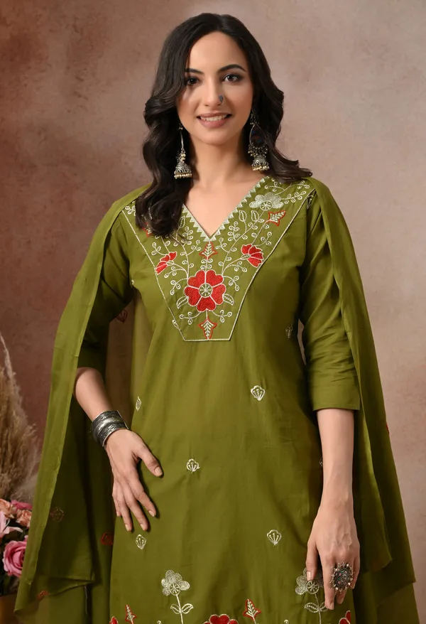 Olive_Green_Cotton_Floral_Embroidered_3-Piece_Suit_Set_For_Women