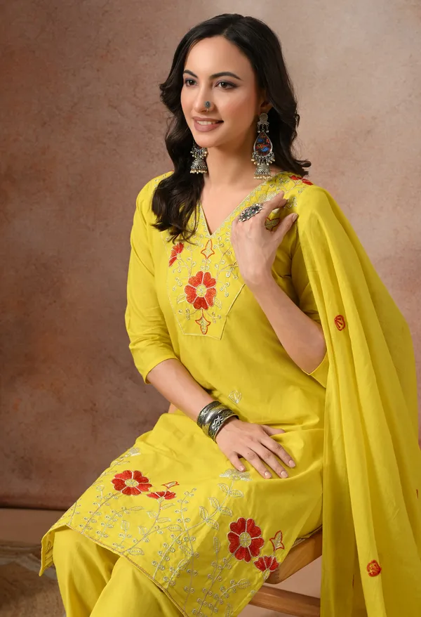 Yellow_Cotton_Embroidered_3-Piece_Suit_Set_For_Women