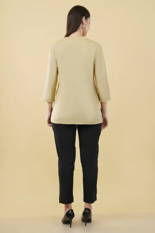 Beige_Cotton_Linen_Mandarin_Collar_Three-Quarter_Sleeve_Top_For_Women