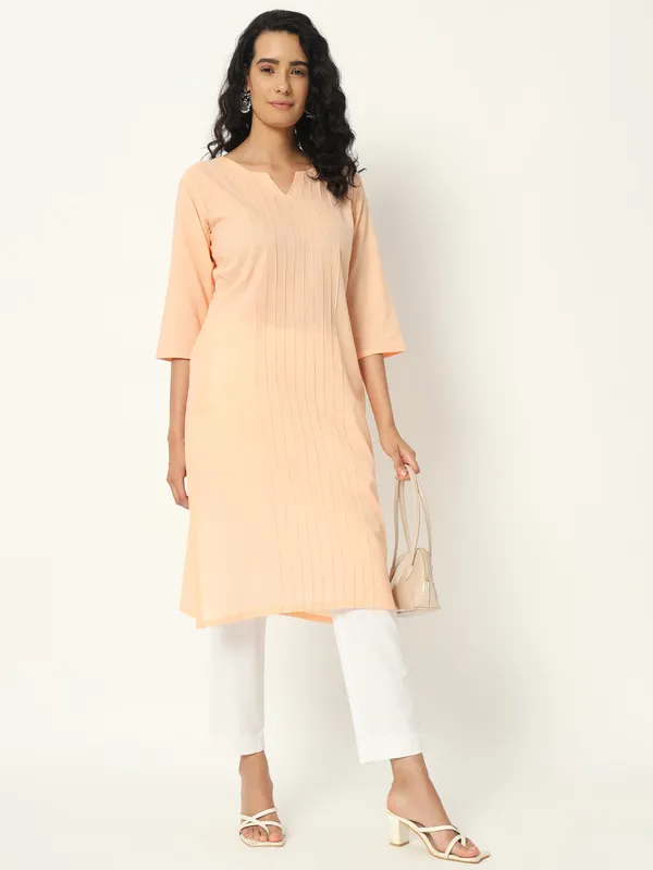 Peach_Cotton_Straight_Fit_Three-Quarter_Sleeve_Long_Kurta_For_Women