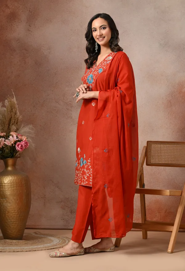 Rust_Orange_Cotton_Floral_Embroidered_3-Piece_Suit_Set_For_Women