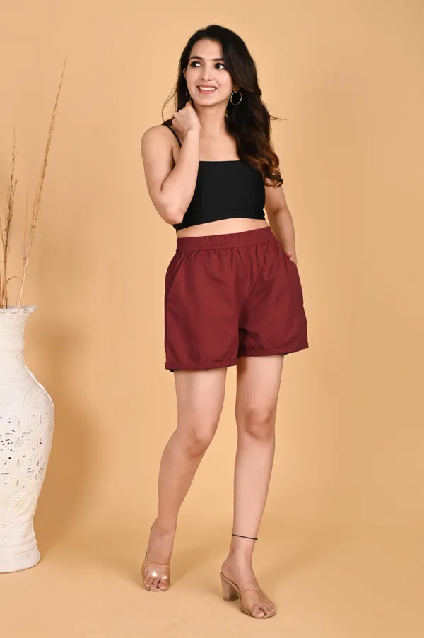 Maroon_Cotton_Linen_Elastic_Waist_Casual_Shorts_For_Women