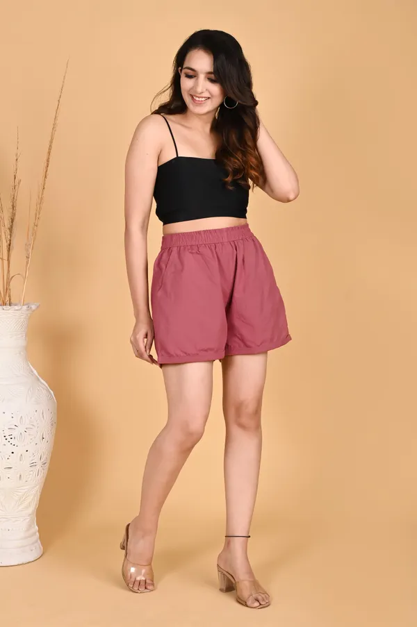 Rose_Pink_Cotton_Linen_Elasticated_Waist_Shorts_For_Women