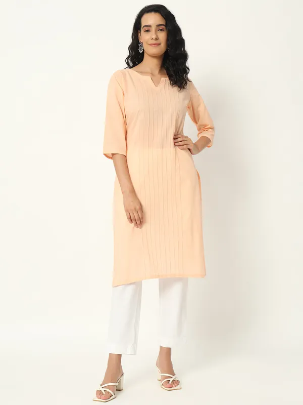 Peach_Cotton_Straight_Fit_Three-Quarter_Sleeve_Long_Kurta_For_Women