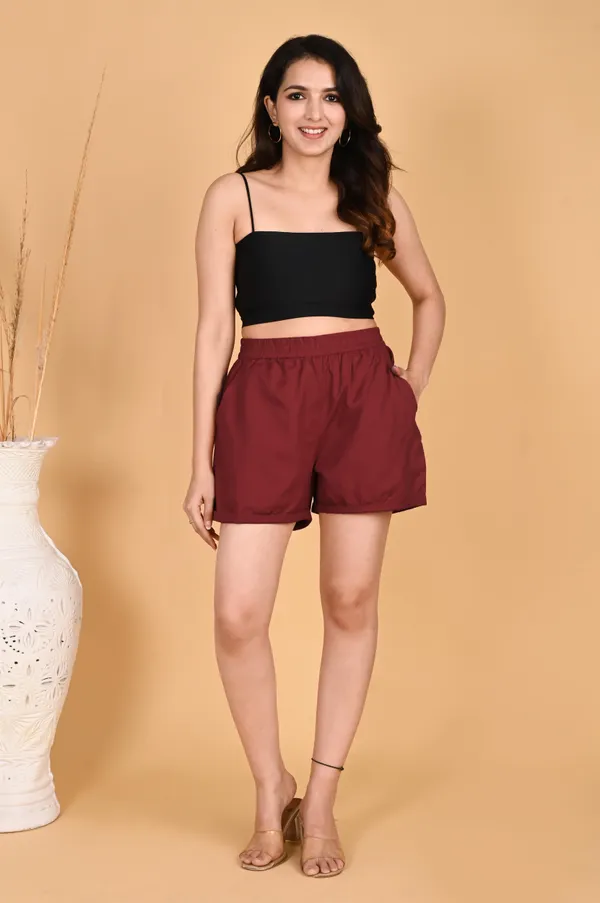Maroon_Cotton_Linen_Elastic_Waist_Casual_Shorts_For_Women