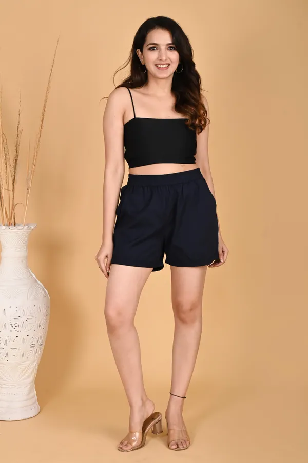 Black_Cotton_Linen_High-Waist_Casual_Shorts_For_Women