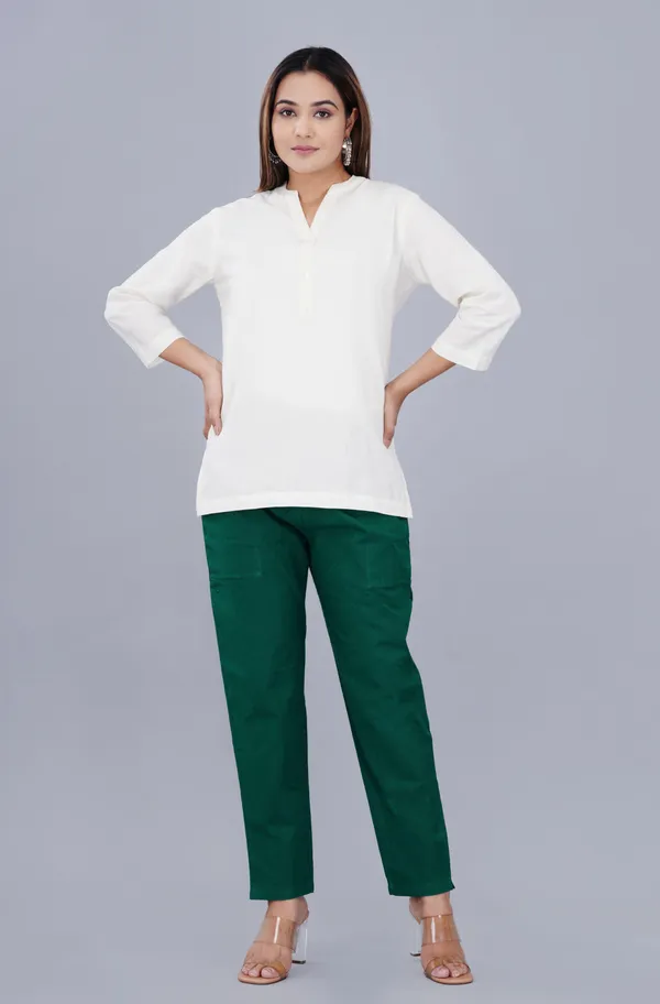 White_And_Green_Cotton_Linen_V-Neck_Three-Quarter_Sleeve_Top_For_Women