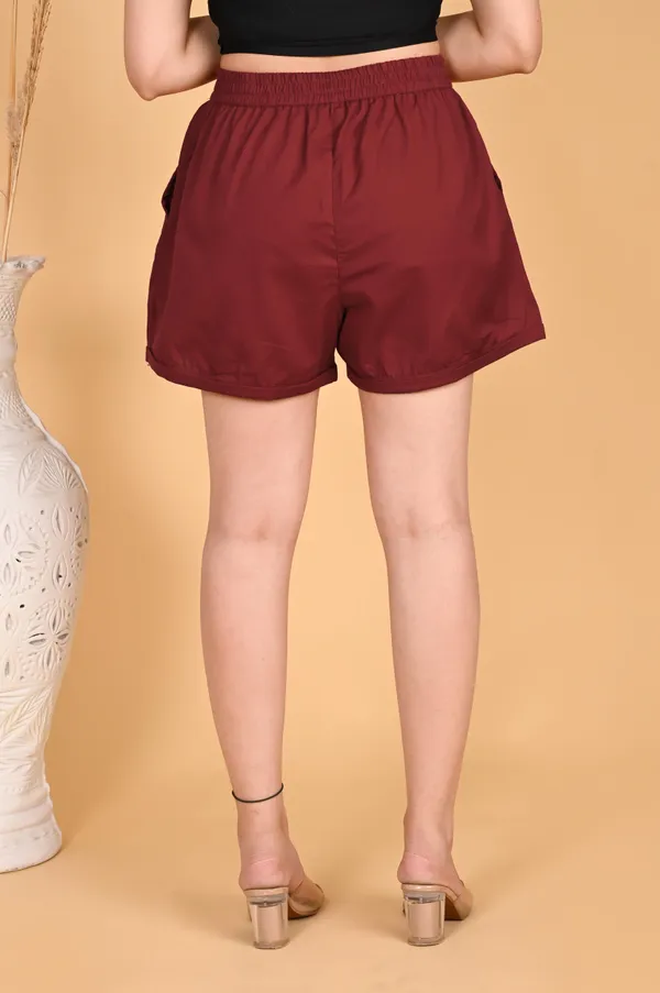 Maroon_Cotton_Linen_Elastic_Waist_Casual_Shorts_For_Women