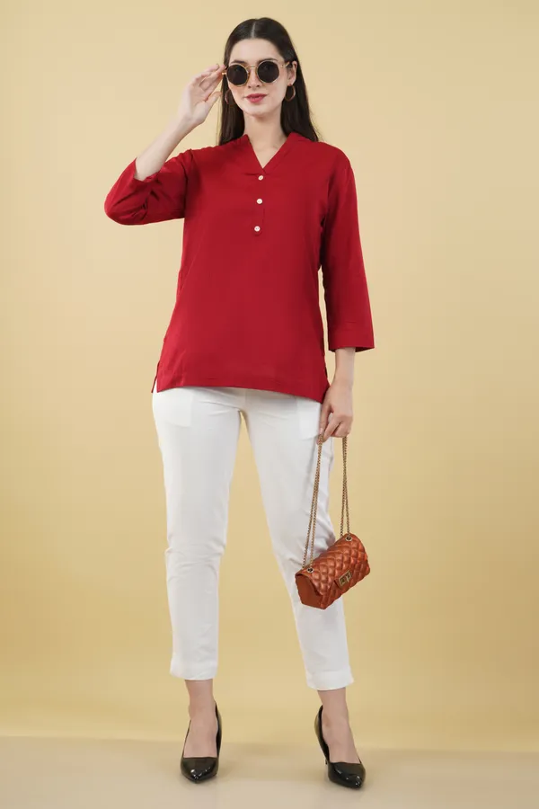 Red_Cotton_Linen_V-Neck_Three-Quarter_Sleeve_Top_For_Women