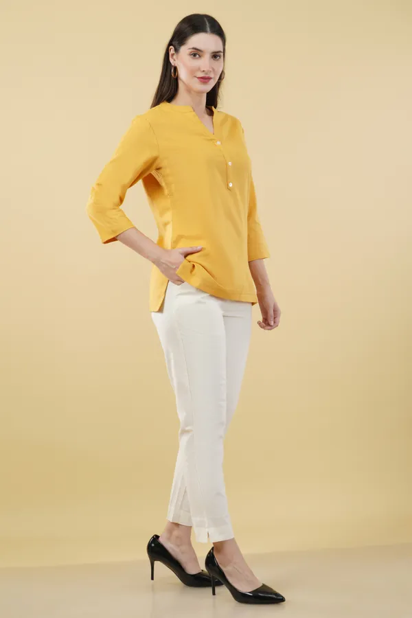 Yellow_Cotton_Linen_Straight_Fit_Tunic_Top_For_Women