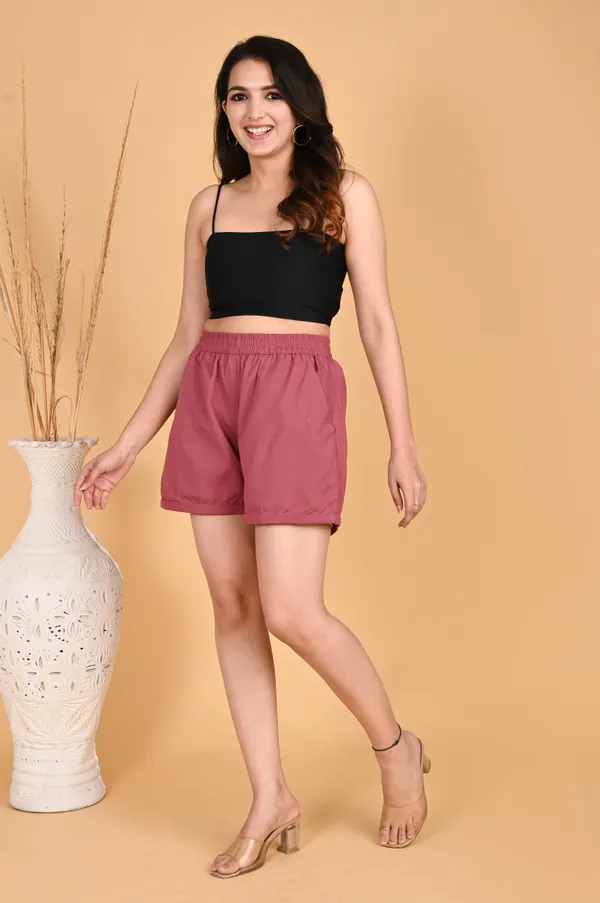 Rose_Pink_Cotton_Linen_Elasticated_Waist_Shorts_For_Women