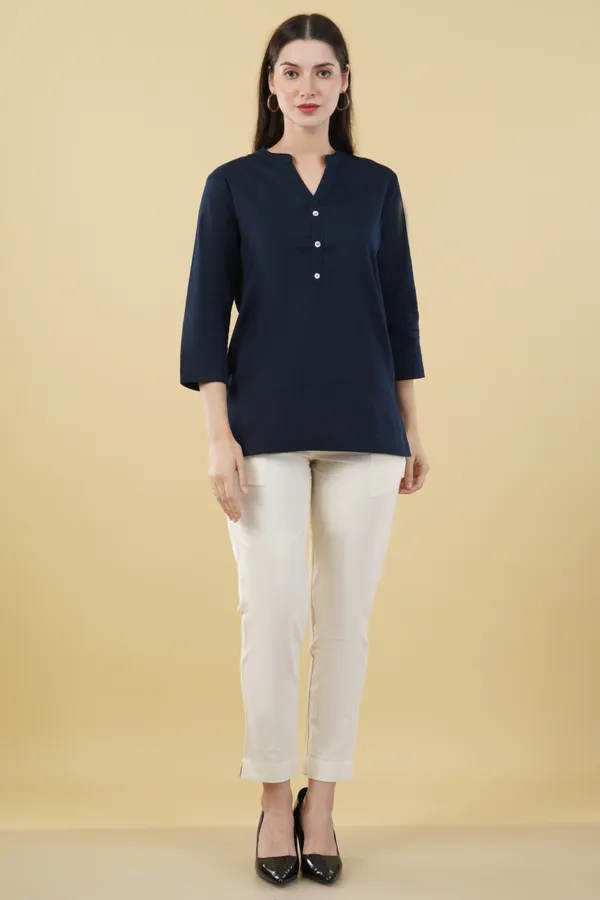 Navy_Blue_Cotton_Linen_Regular_Fit_Top_For_Women