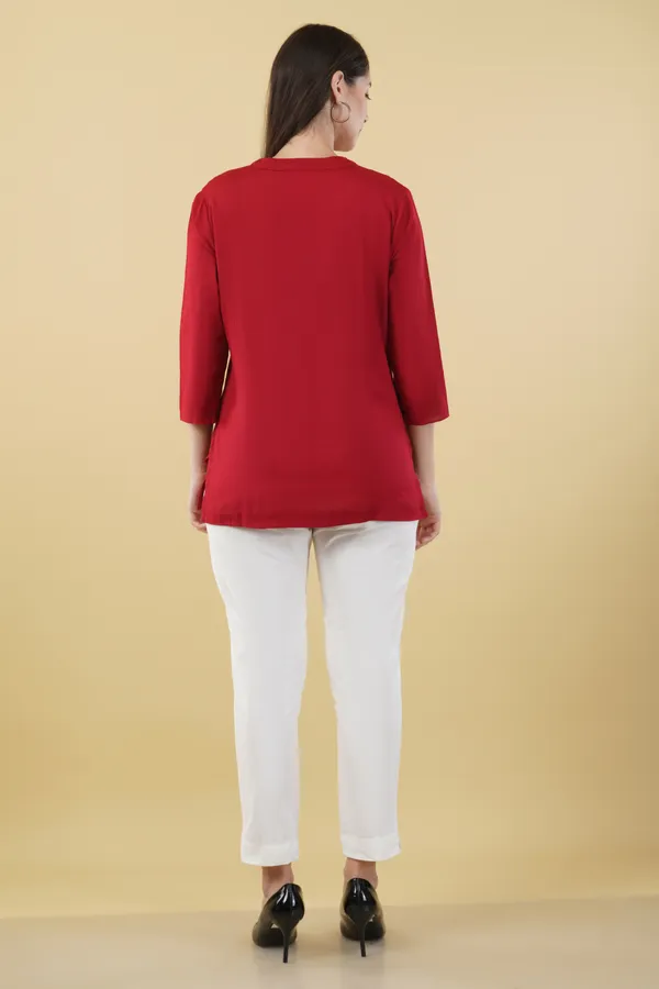 Red_Cotton_Linen_V-Neck_Three-Quarter_Sleeve_Top_For_Women