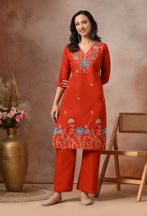 Rust_Orange_Cotton_Floral_Embroidered_3-Piece_Suit_Set_For_Women
