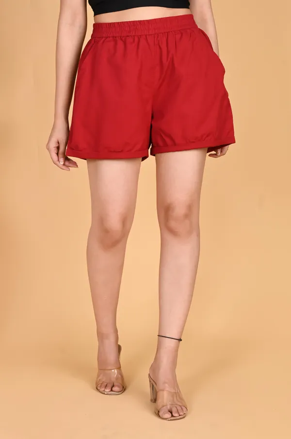 Red_Cotton_Linen_Elasticated_Waist_Shorts_For_Women