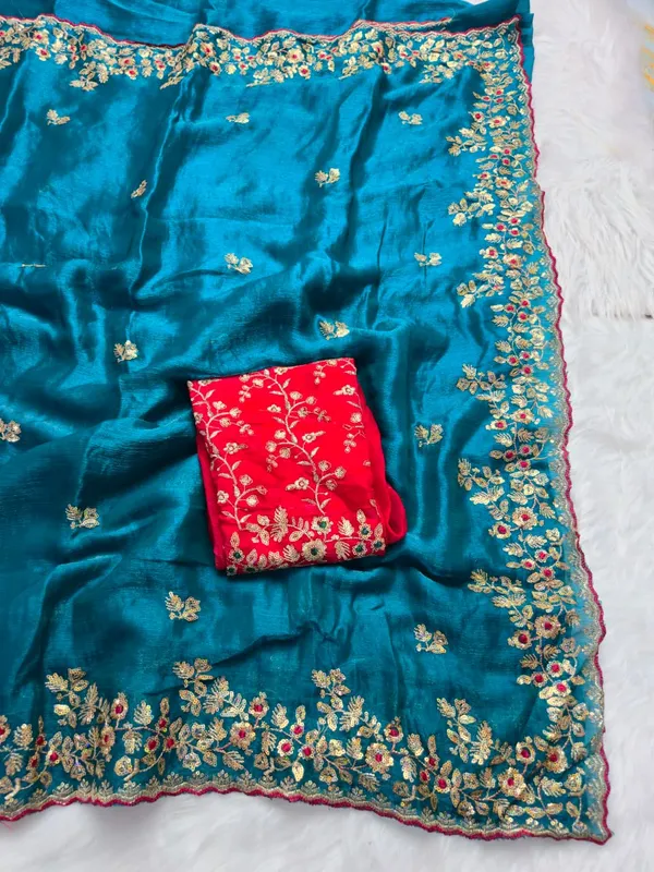 Teal_Blue_Fandy_Satin_Silk_Saree_For_Women