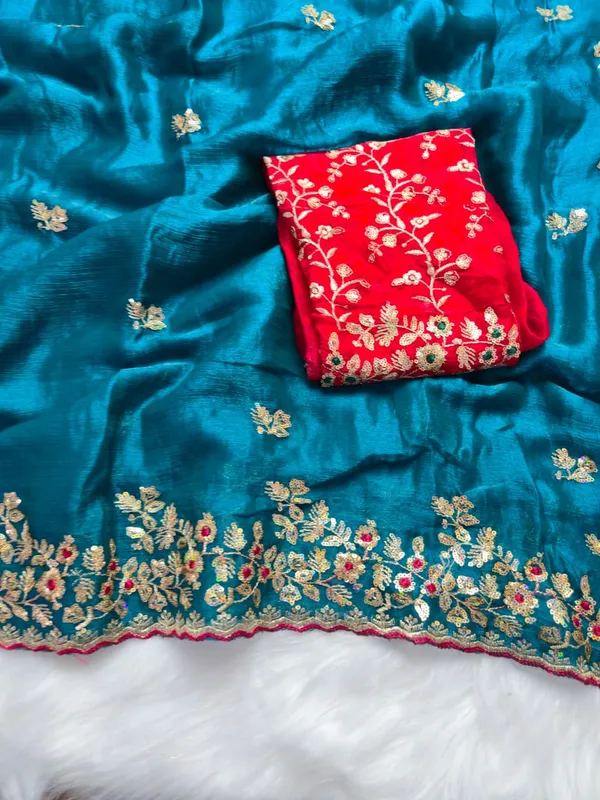 Teal_Blue_Fandy_Satin_Silk_Saree_For_Women