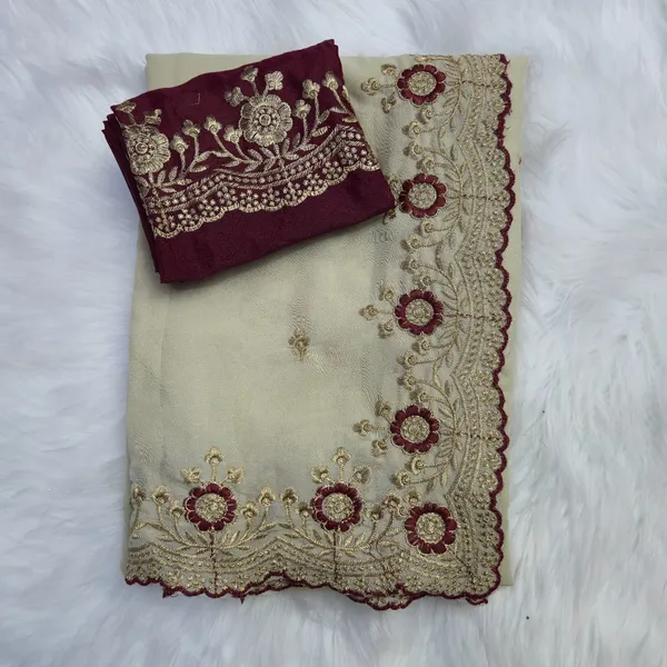 Cream_&_Maroon_Star_Georgette_Saree_For_Women