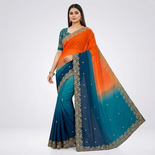 Orange_&_Blue_Georgette_Saree_For_Women