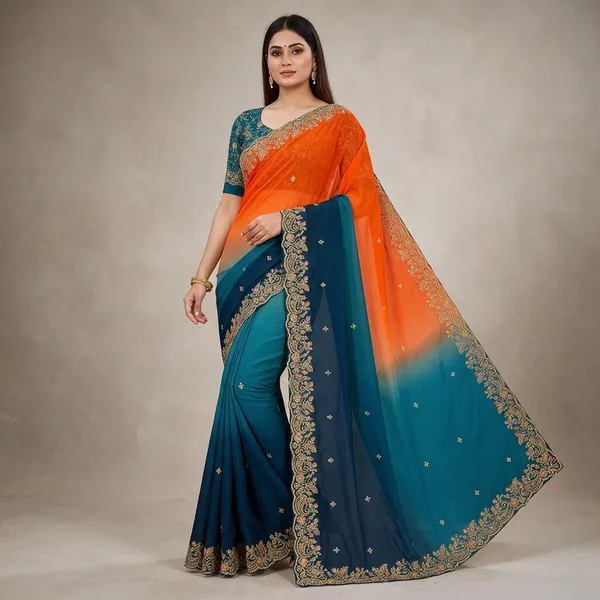 Orange_&_Blue_Georgette_Saree_For_Women