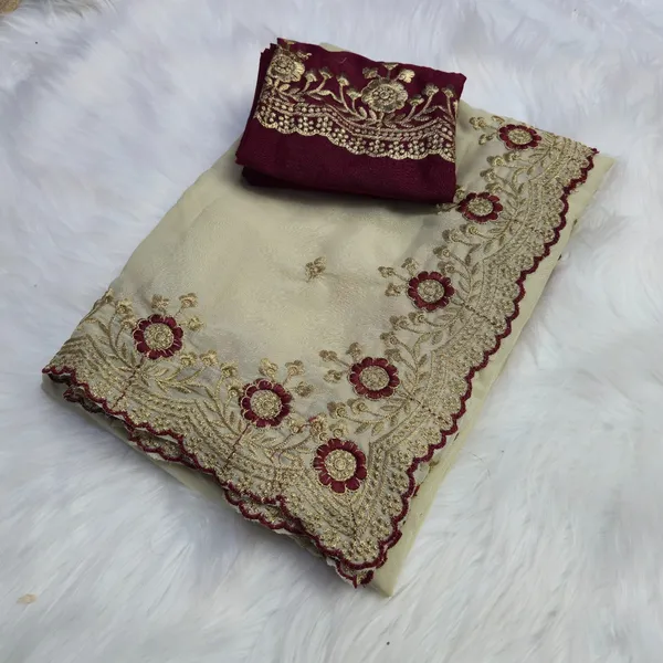 Cream_&_Maroon_Star_Georgette_Saree_For_Women