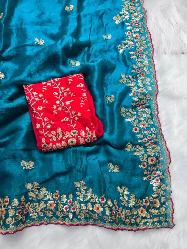 Teal_Blue_Fandy_Satin_Silk_Saree_For_Women