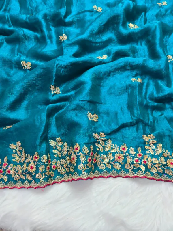 Teal_Blue_Fandy_Satin_Silk_Saree_For_Women