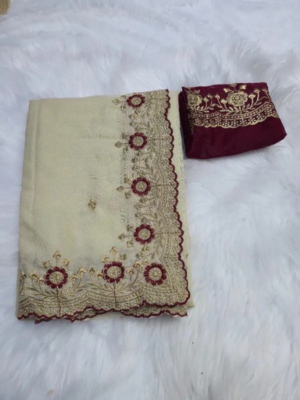Cream_&_Maroon_Star_Georgette_Saree_For_Women