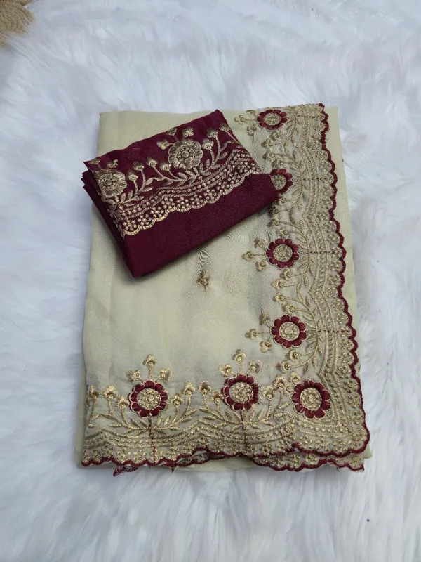 Cream_&_Maroon_Star_Georgette_Saree_For_Women