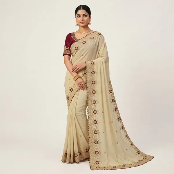 Cream_&_Maroon_Star_Georgette_Saree_For_Women
