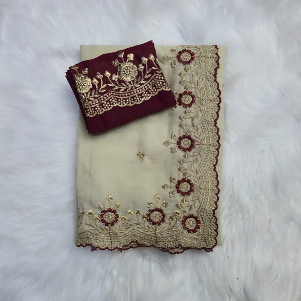 Cream_&_Maroon_Star_Georgette_Saree_For_Women