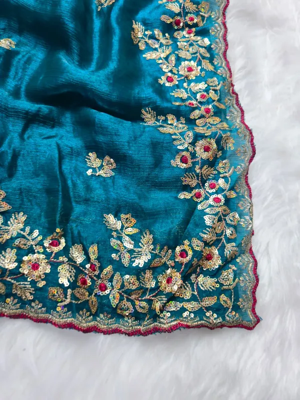 Teal_Blue_Fandy_Satin_Silk_Saree_For_Women