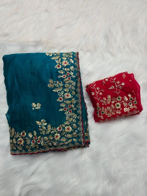 Teal_Blue_Fandy_Satin_Silk_Saree_For_Women