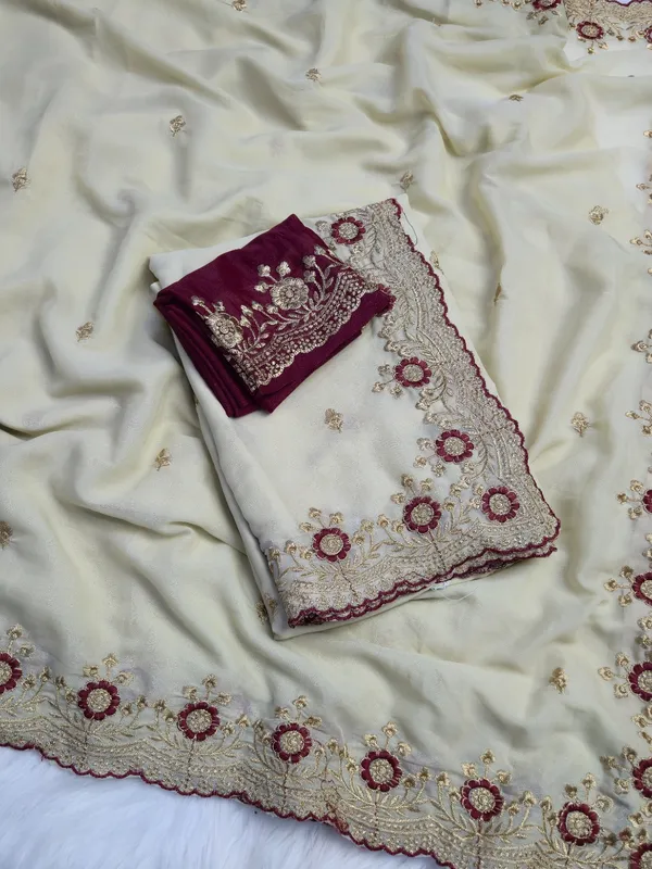 Cream_&_Maroon_Star_Georgette_Saree_For_Women