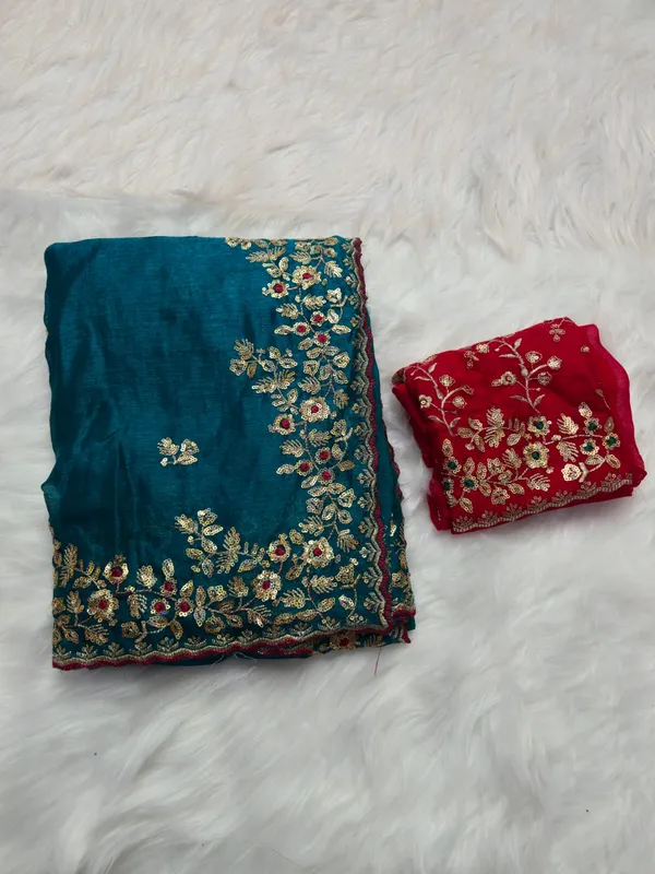 Teal_Blue_Fandy_Satin_Silk_Saree_For_Women