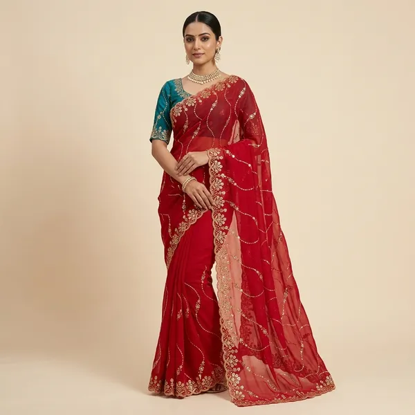 Red_&_Turquoise_Fandy_Satin_Silk_Saree_For_Women